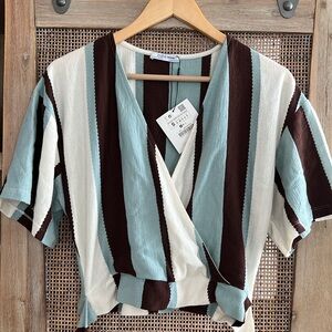 Zara Blue, Brown and White Crop Wrap Blouse with Short Sleeves Tie waist